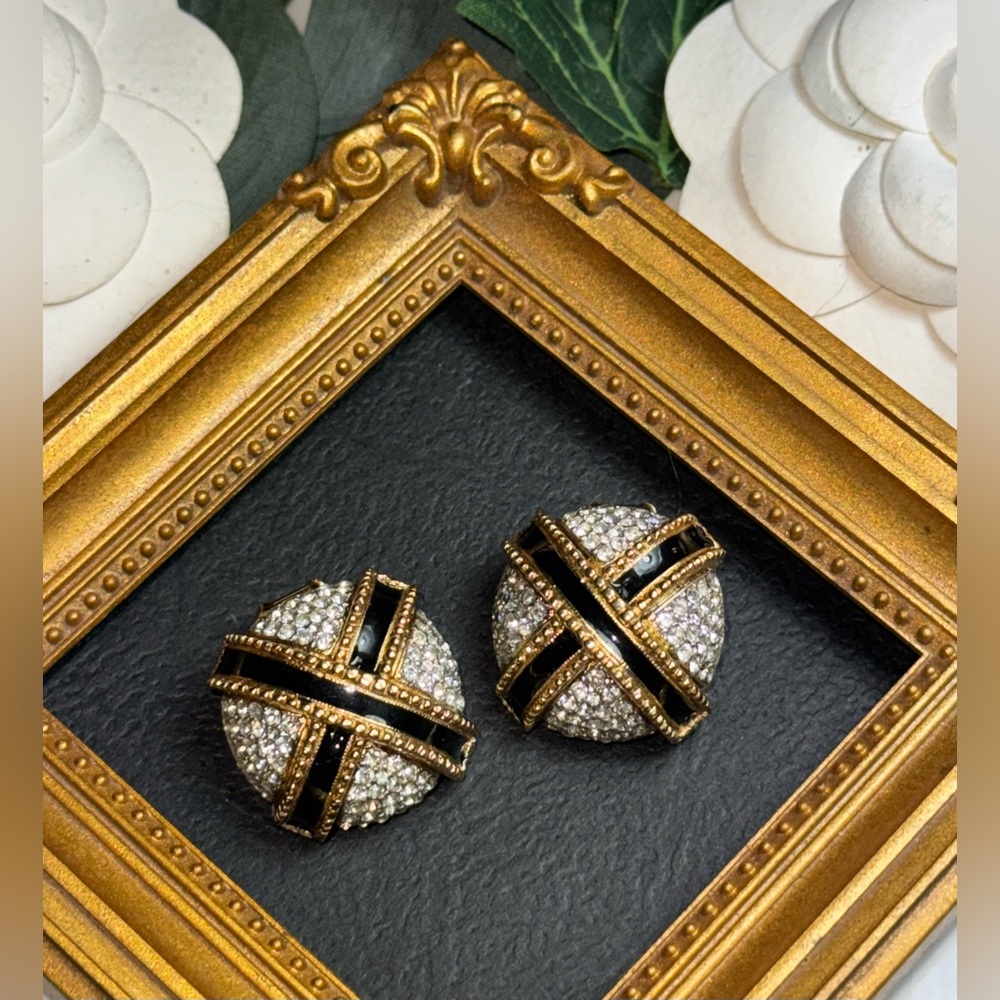 Elegant Gold-tone Clip on Earrings With Black Enamel X And Crystals